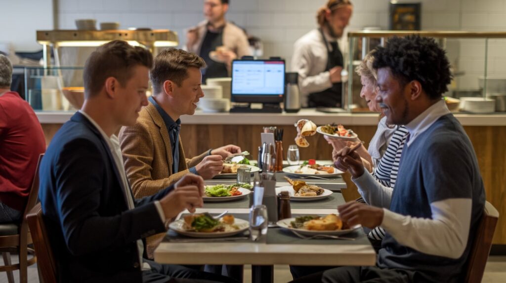  Restaurant setting with customers dining and a POS terminal in the background, showcasing a smooth, efficient operation.