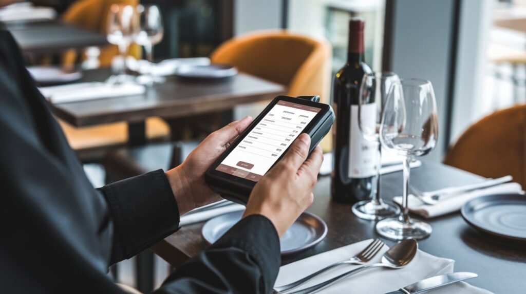  Restaurant staff using handheld POS devices to take orders at a table. Perfect for efficient table-side order management.