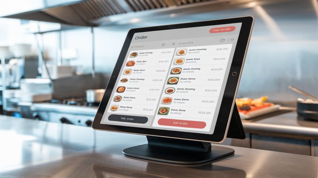 Modern restaurant POS systems on a counter with a tablet interface for real-time order management. Ideal for streamlined restaurant