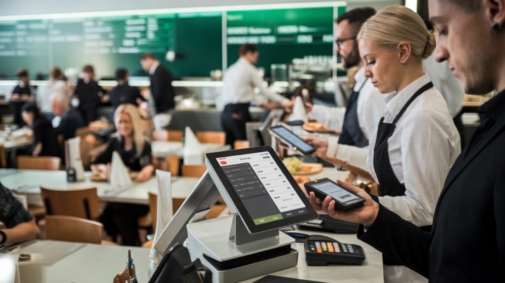 Restaurant kitchen with screen showing real-time orders from the POS system, optimizing food preparation and service speed.