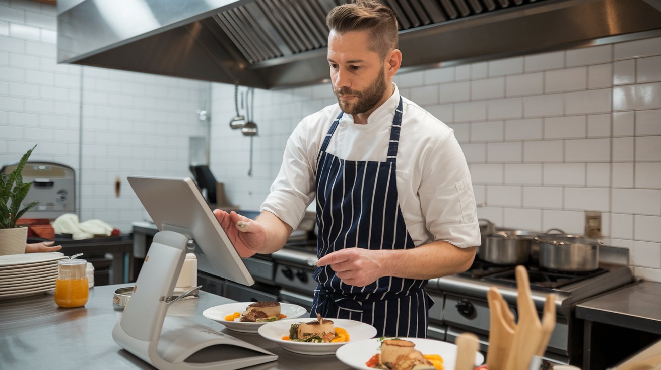 Chef using POS system to track real-time orders in a small restaurant, improving kitchen efficiency