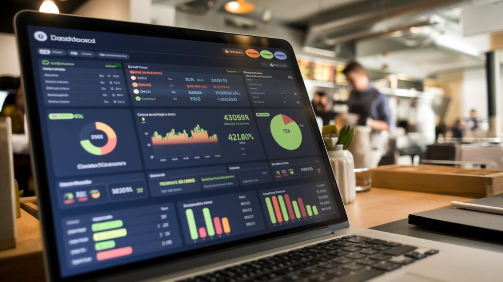 Close-up of a laptop screen showing a cloud-based POS dashboard with real-time sales, inventory, and customer data analytics.