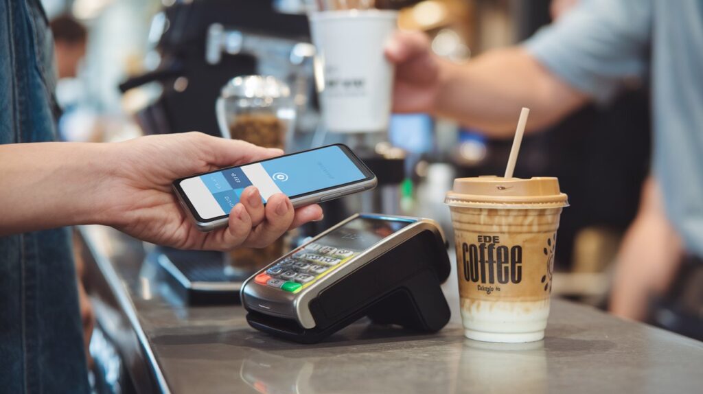 Alt Text: Close-up of a customer making a contactless payment for coffee using a wireless payment device, highlighting convenience and speed