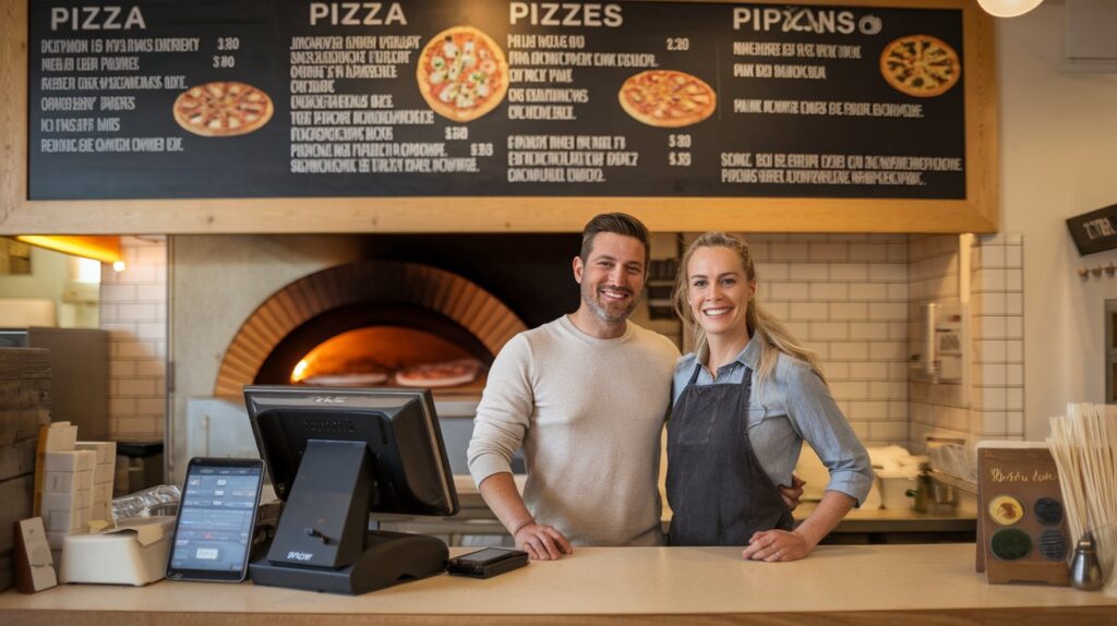 Pizza restaurant owners discuss business structure with a POS system on the counter and pizzas baking in the oven.