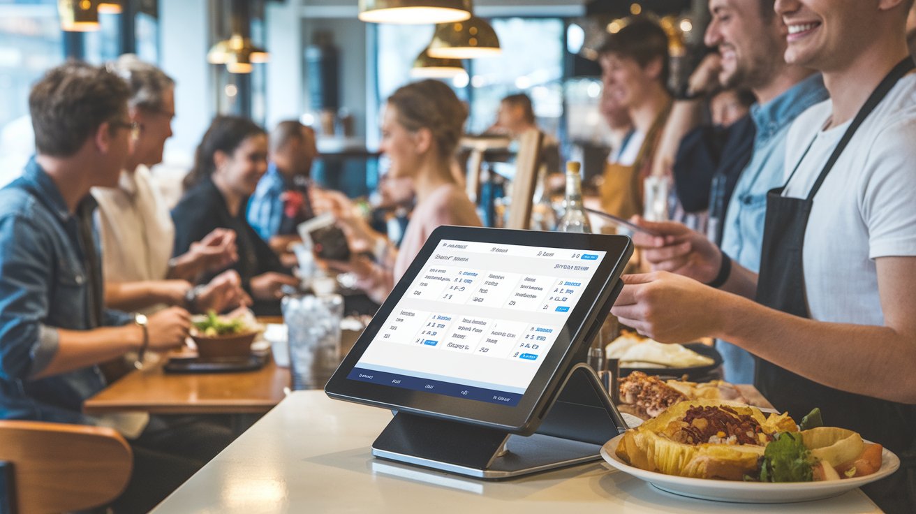 Modern restaurant interior featuring a POS system with real-time order processing and inventory management, enhancing efficiency in a busy dining environment