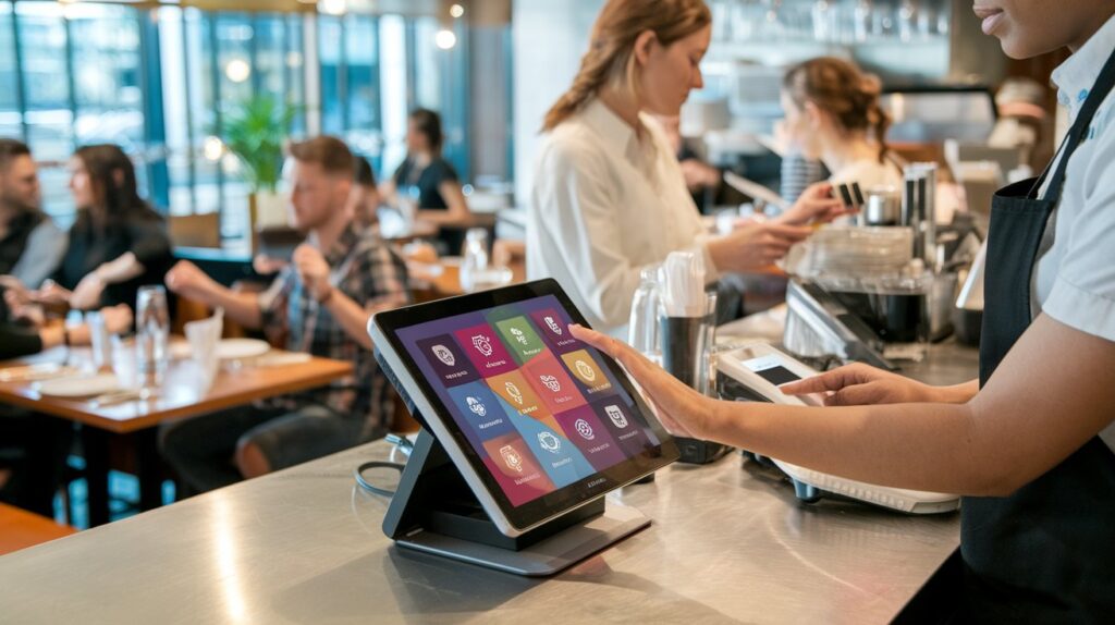 Restaurant staff use a touchscreen POS system at a busy counter to manage orders, with customers waiting and dining in the background.