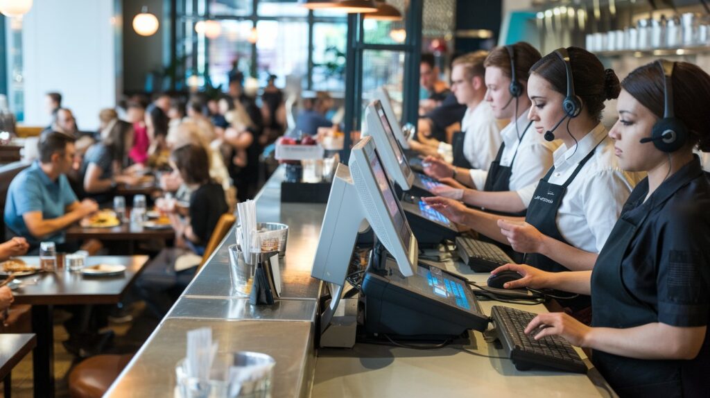 Staff at a restaurant using a modern Restaurant POS System to quickly process orders and payments, enhancing customer experience.