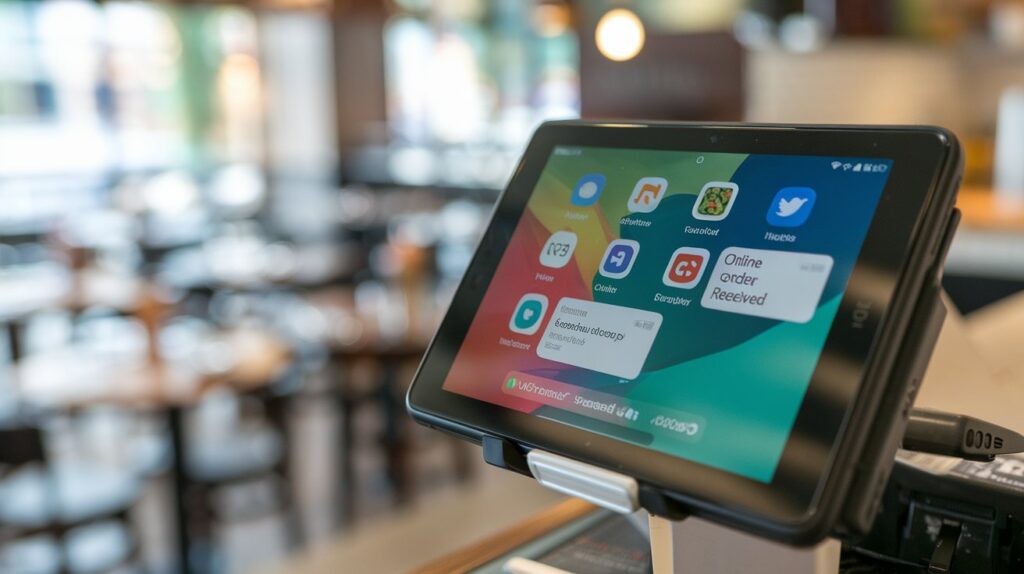 Android POS system integrating with delivery apps like Uber Eats, showing seamless online order processing for modern restaurant operations.