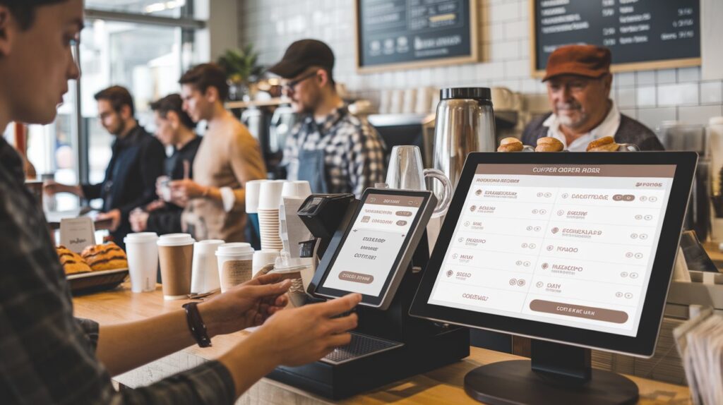 Barista using the best POS for bars and restaurants to customize orders in a busy coffee shop with customers waiting in line.