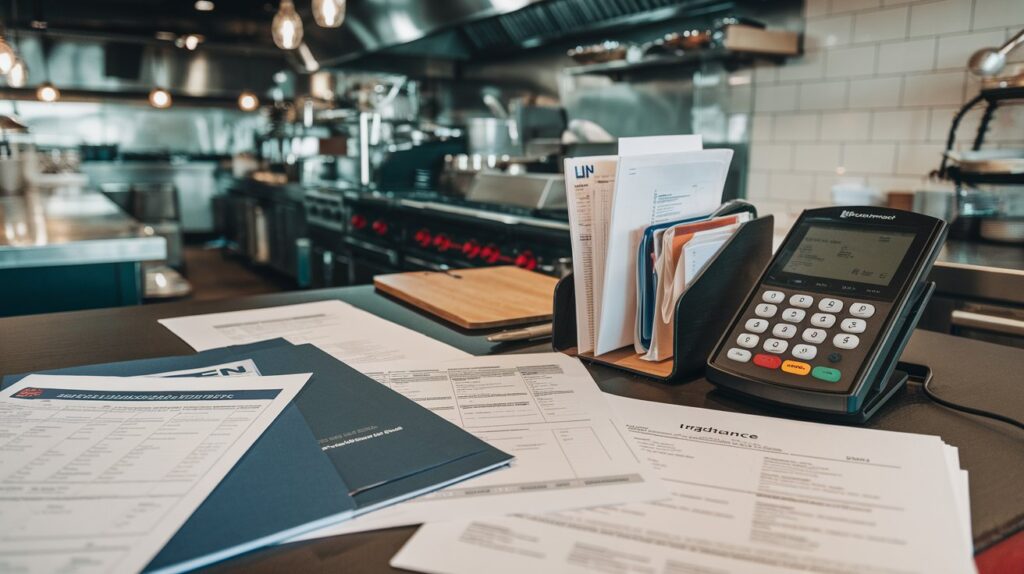 Business documents like EIN forms and lease agreements on a desk, next to a POS system in a restaurant setting.