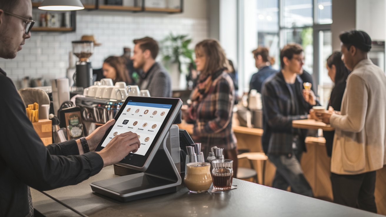 A busy coffee shop with a sleek Smart POS system on the counter.