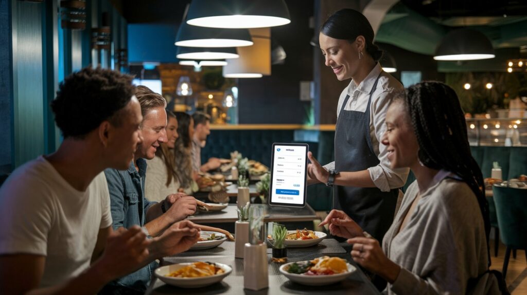 Server using the best POS for bars and restaurants on a tablet to take orders, showing a digital menu and payment option