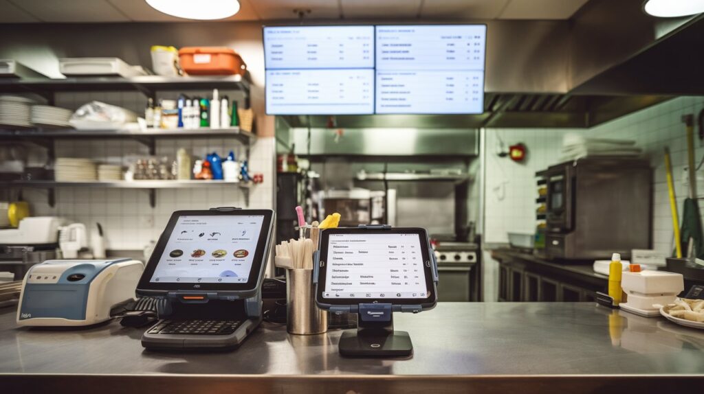 Various Android POS hardware options, including spill-resistant terminals, handheld devices, and a kitchen display system for restaurants.