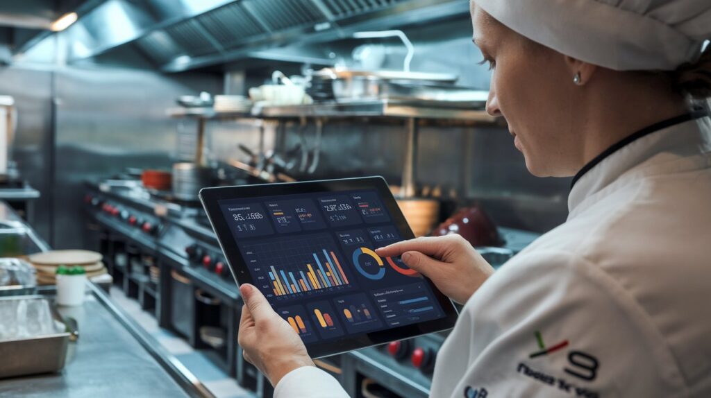 Restaurant manager using tablet to monitor and optimize operations with data analytics software for efficient kitchen and service management.