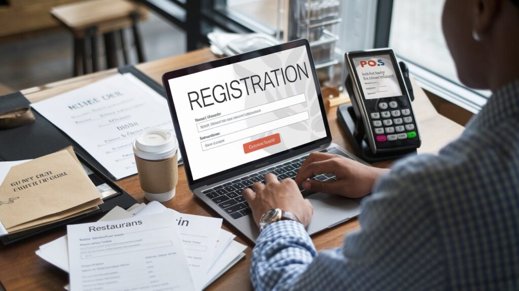 Restaurant owner registering business on a laptop with a POS for Small Restaurants, papers, and coffee on the desk.