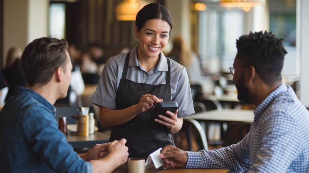 Restaurant manager analyzing labor reports on a cloud-based POS system, improving workforce management and payroll accuracy.