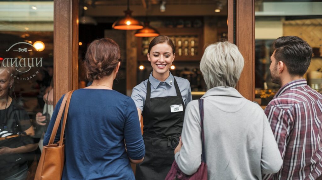 Restaurant staff welcoming customers while using the cheapest POS systems for efficient service management.