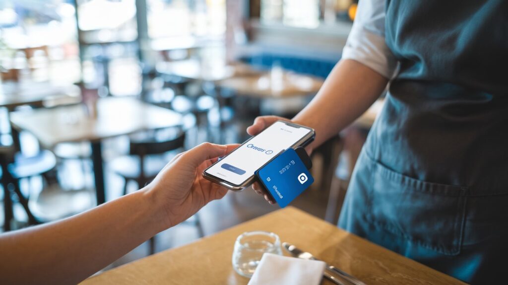 Server using mobile POS in small restaurant for convenient table-side payment processing – Best POS for Small Restaurant.