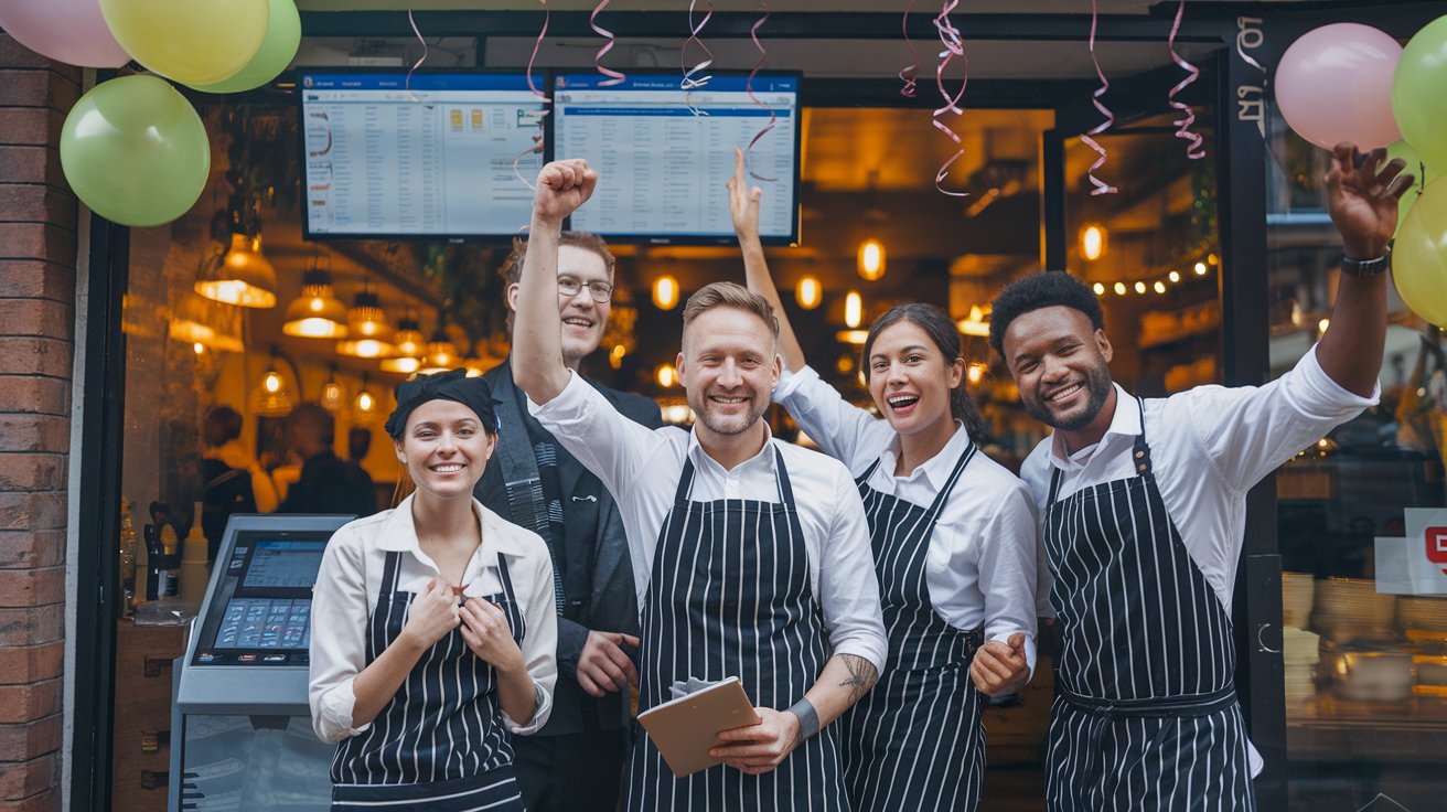 A team of restaurant staff celebrating after a successful shift, with POS and inventory software helping them manage stock efficiently.