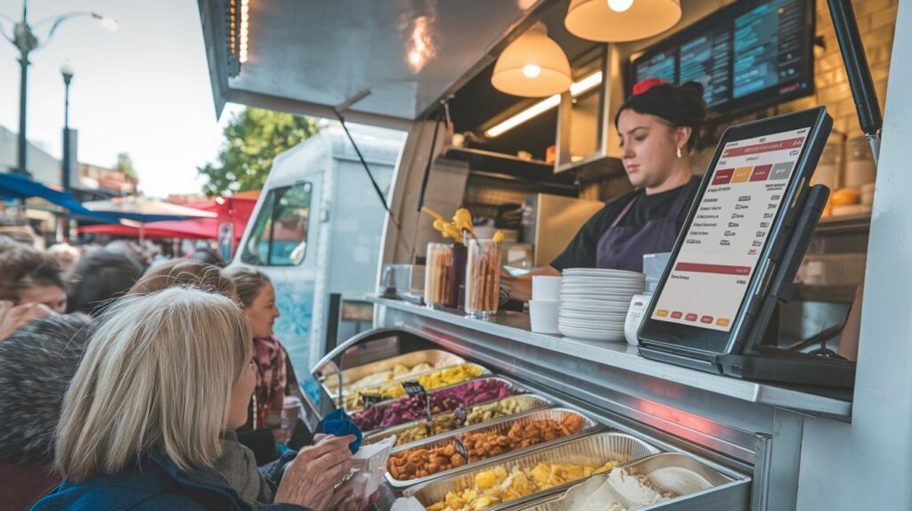 Food truck staff using a tablet-based POS system to take orders from customers in a busy street setting, showcasing mobile POS flexibility.