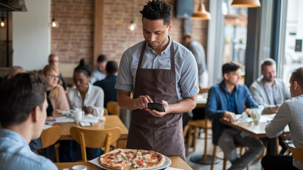 A restaurant manager reviewing real-time sales analytics on a tablet with a bustling kitchen in the background