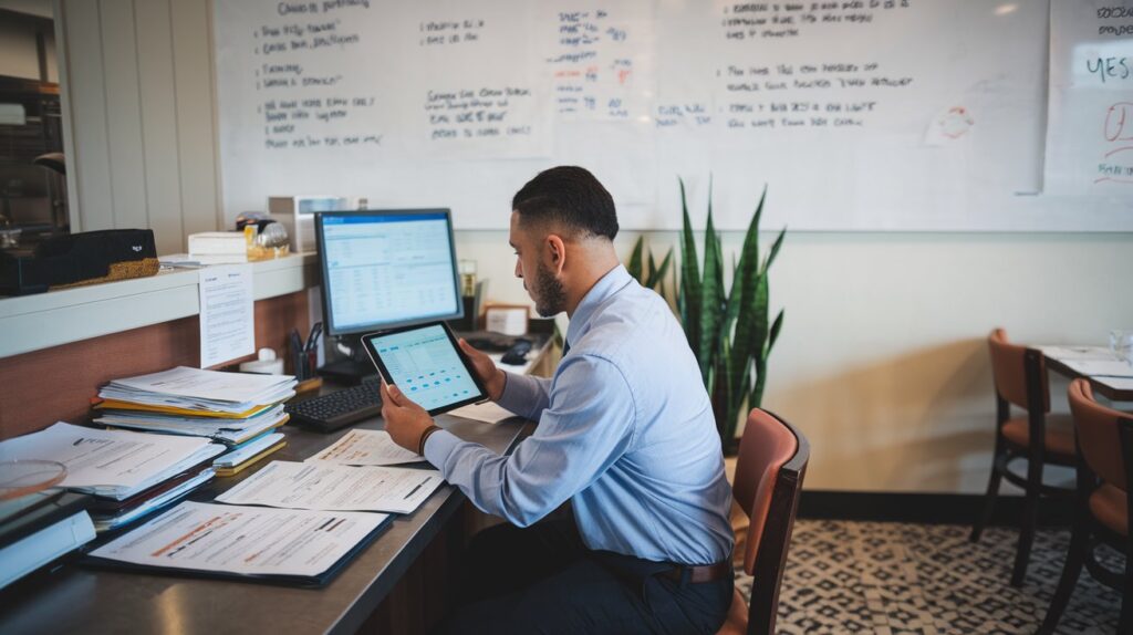 Restaurant employee analyzing sales data with the Best POS for Small Restaurant, improving efficiency and stock management.