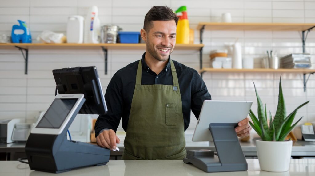 Restaurant manager operating a complete POS system for small businessat a cash register