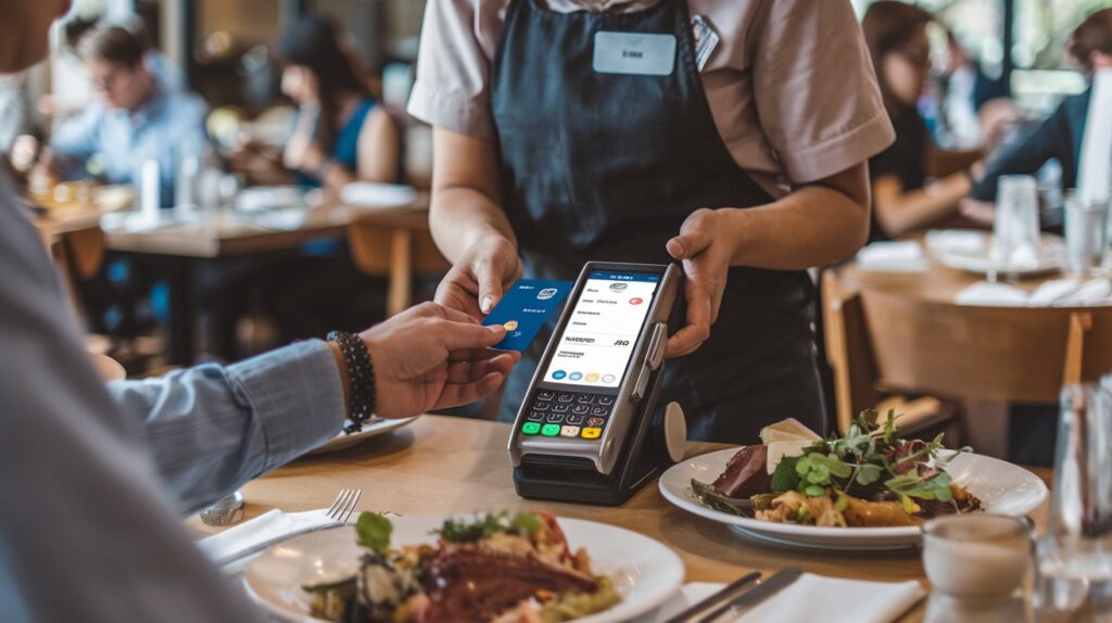 A restaurant employee utilizes an all-in-one POS system for fast contactless payments, enhancing customer service.