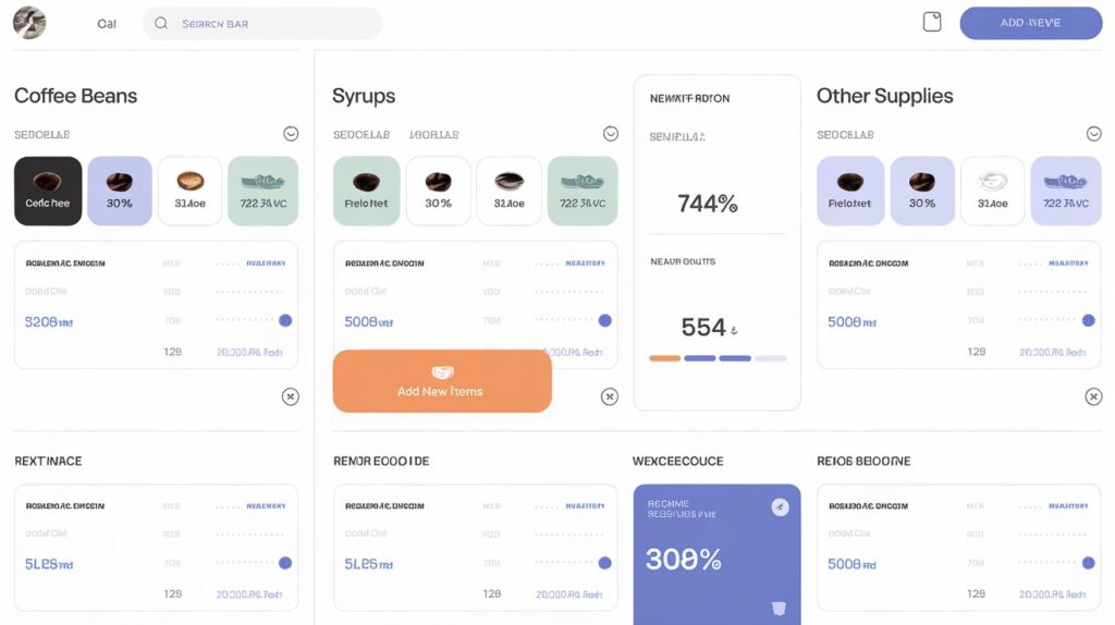 Depiction of a POS inventory management interface showing stock levels of coffee beans, syrups, and supplies for streamlined tracking.