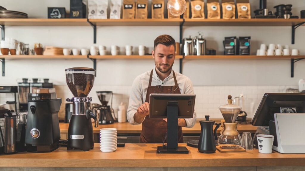 Alt Text: Barista using a smart POS system at a modern coffee shop counter, efficiently taking orders and managing customer transactions.