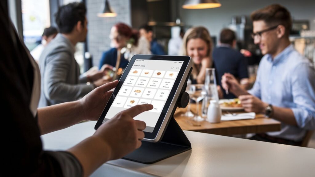 Android POS terminal in a restaurant, with a server processing orders on a touchscreen, highlighting ease of use and efficient operations.