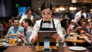 Restaurant staff using an Android tablet with the PAYS POS interface to take orders in a busy dining area, ensuring seamless service.