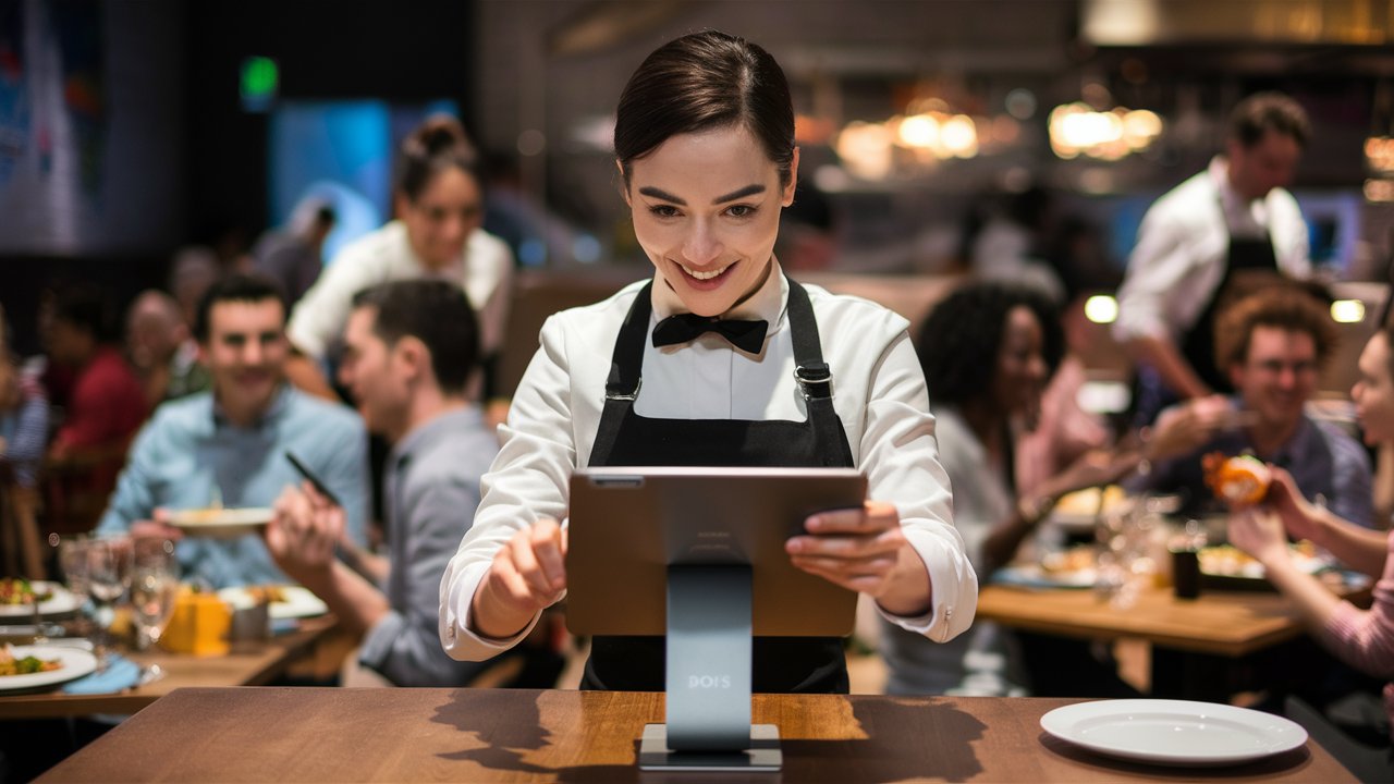 Restaurant staff using an Android tablet with the PAYS POS interface to take orders in a busy dining area, ensuring seamless service.