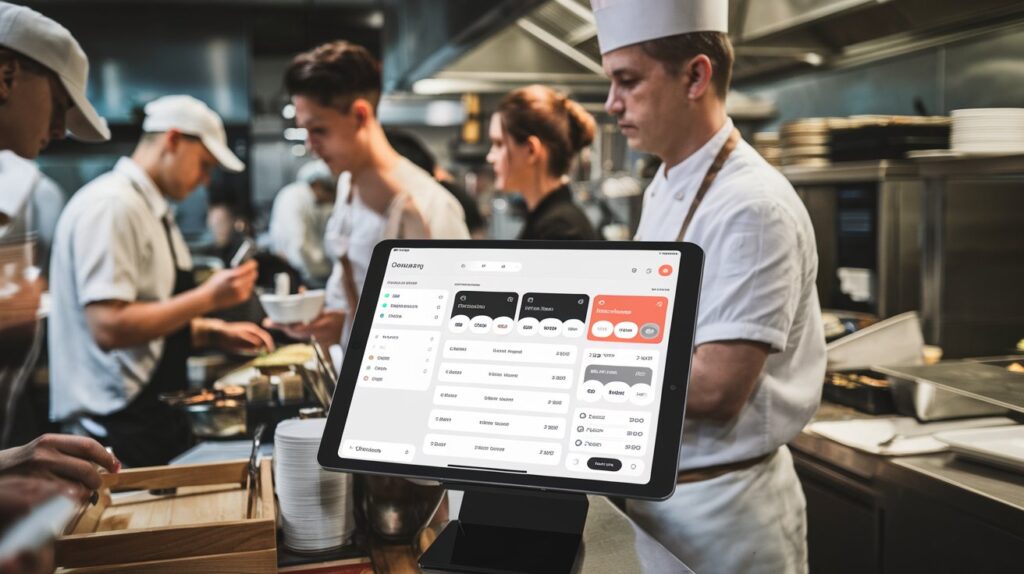 A chef efficiently managing inventory with cloud-based POS systems in a modern kitchen.