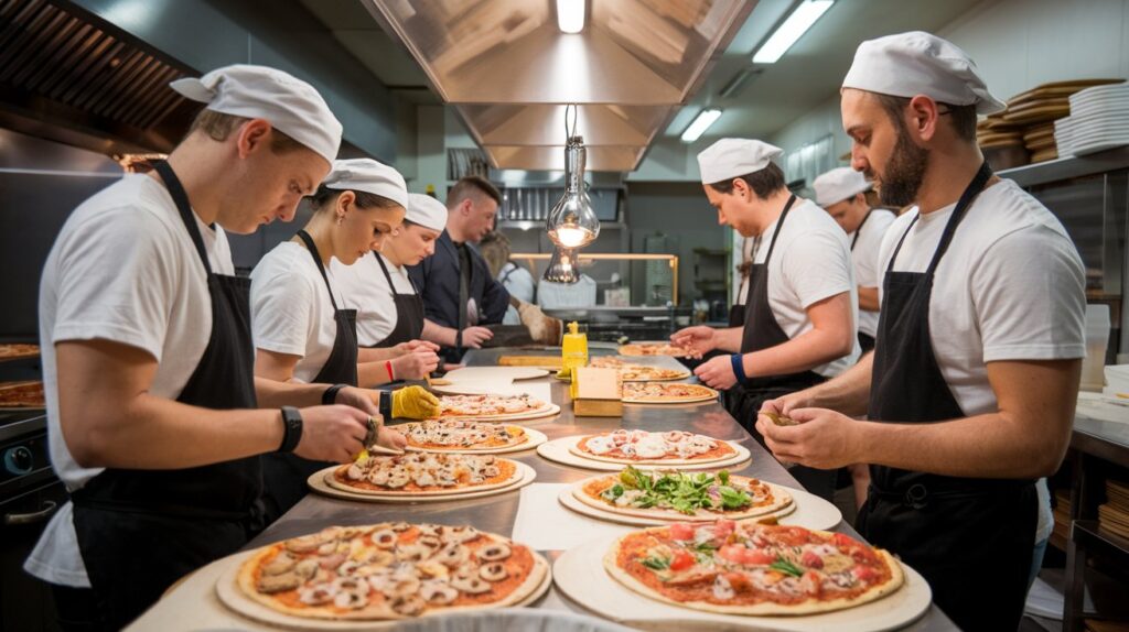 Chefs in a busy pizza kitchen using the best POS for pizza shop to manage orders efficiently.