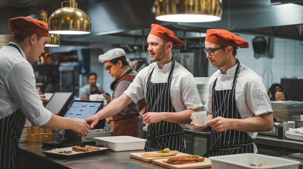 Chefs in a restaurant kitchen receiving orders from the Top POS Systems for Restaurants.