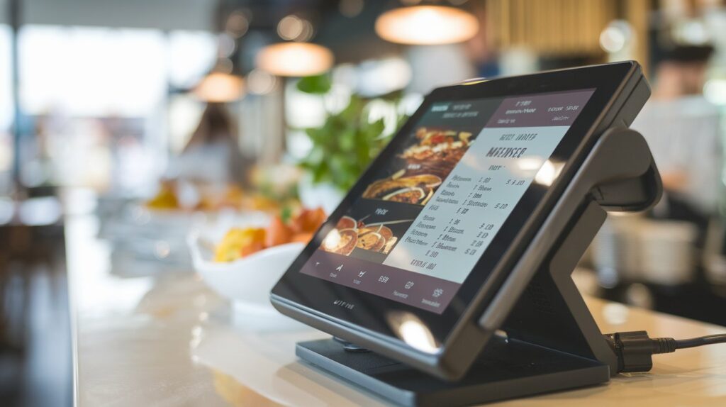 Close-up of a POS terminal displaying a restaurant menu from the Top POS Systems for Restaurants.