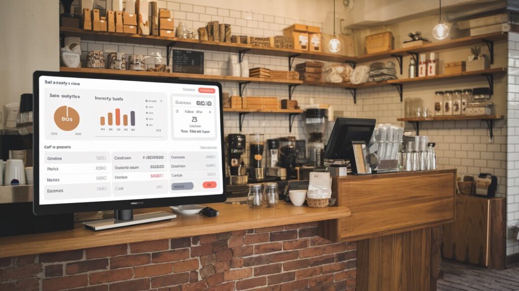 Touchscreen POS at coffee shop counter with coffee beans and barista equipment.