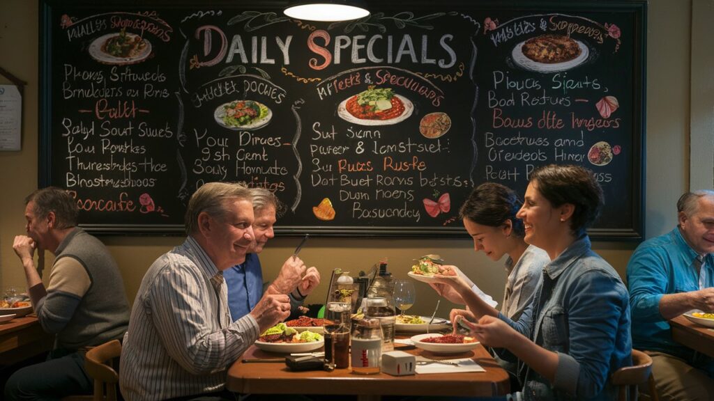 Restaurant Promotions: Chalkboard menu displaying daily meal deals with diners enjoying their meals