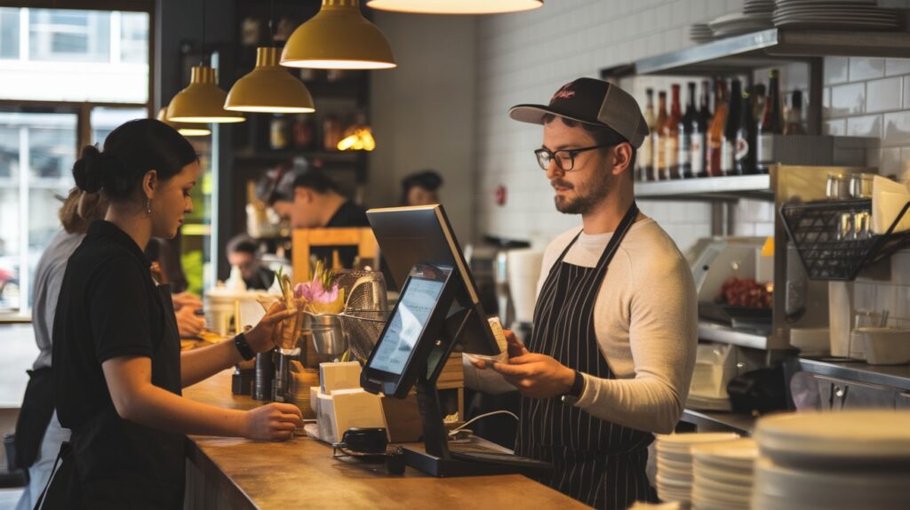 Staff at a small restaurant efficiently using a POS system.