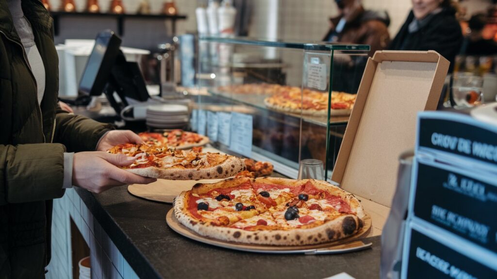 Customer placing an order at a pizza shop utilizing a smart POS system for quick service.