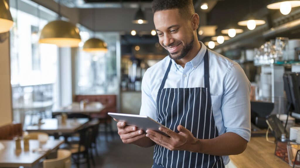 Restaurant owner reviewing sales reports on a tablet connected to POS.