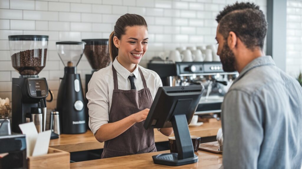 Efficient POS system for coffee shops with barista taking customer orders at the counter.