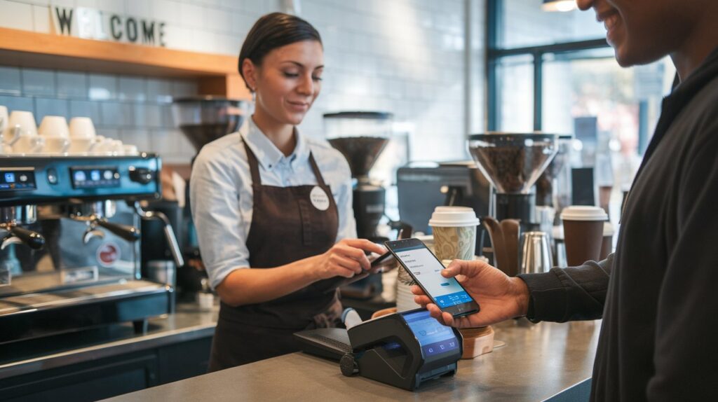 Barista at a cafe using a POS system for mobile payments, showing a customer paying with a contactless phone transaction.