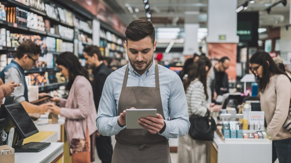 Business owner using Android Point of Sale software on a tablet in a busy retail store.