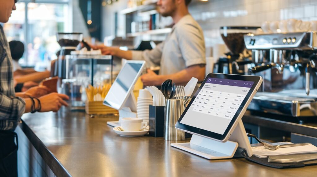 Modern cafe POS system at a bustling coffee shop counter, with a touchscreen display used for seamless order management.