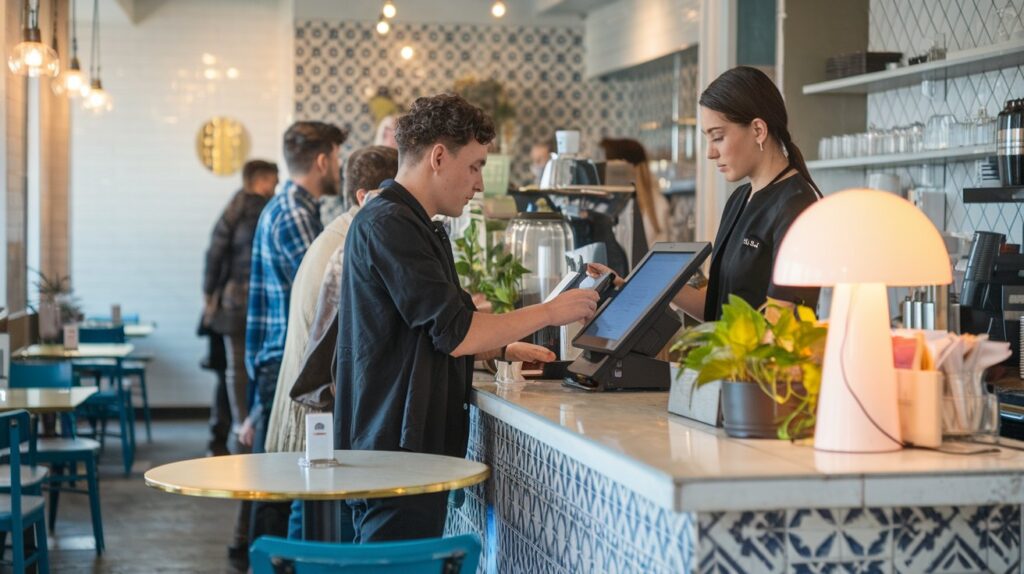 Cafe Point of Sale System interface displaying coffee orders and menu options in a modern cafe setup.