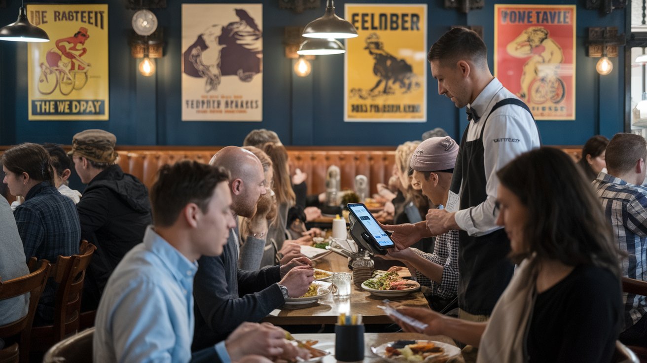 Customers enjoying meals while using a mobile POS for payment.