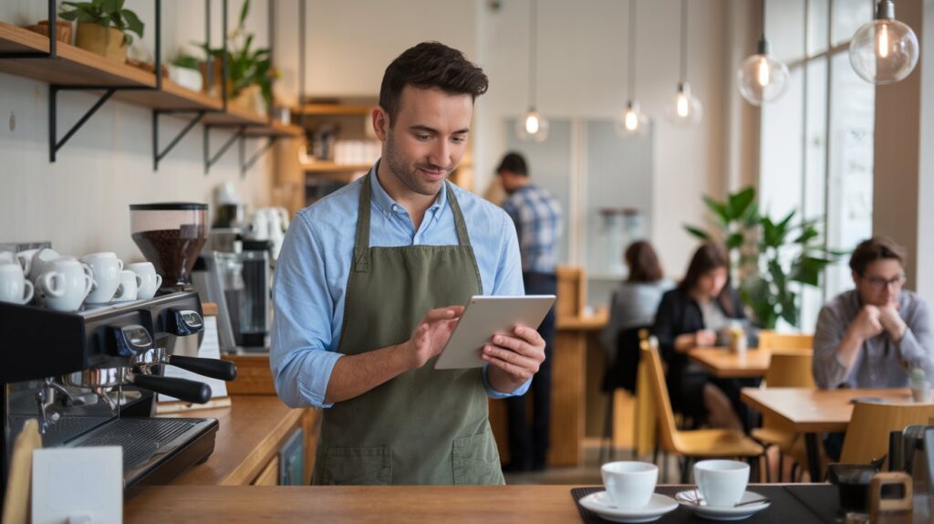 A cafe owner using a 2024 Cafe Point of Sale System to streamline operations and process customer payments efficiently.