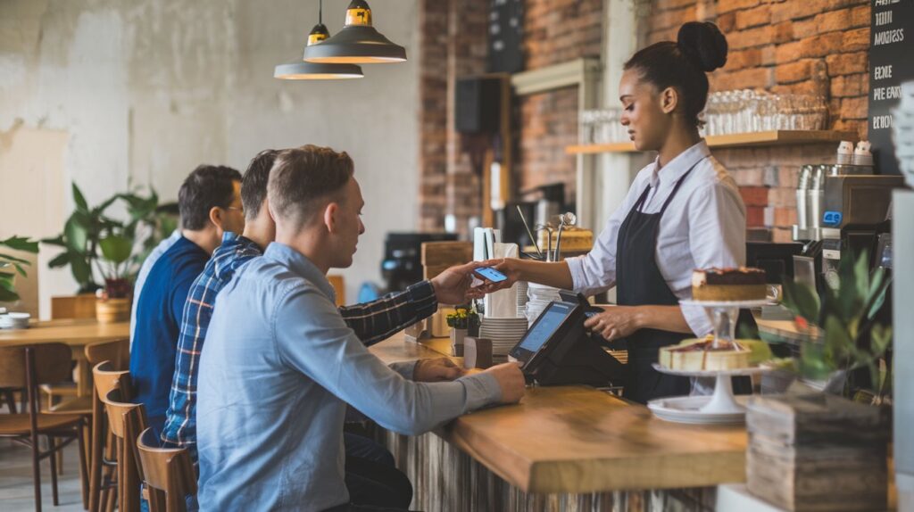 Cafe staff processing contactless payments through a POS system at the counter.